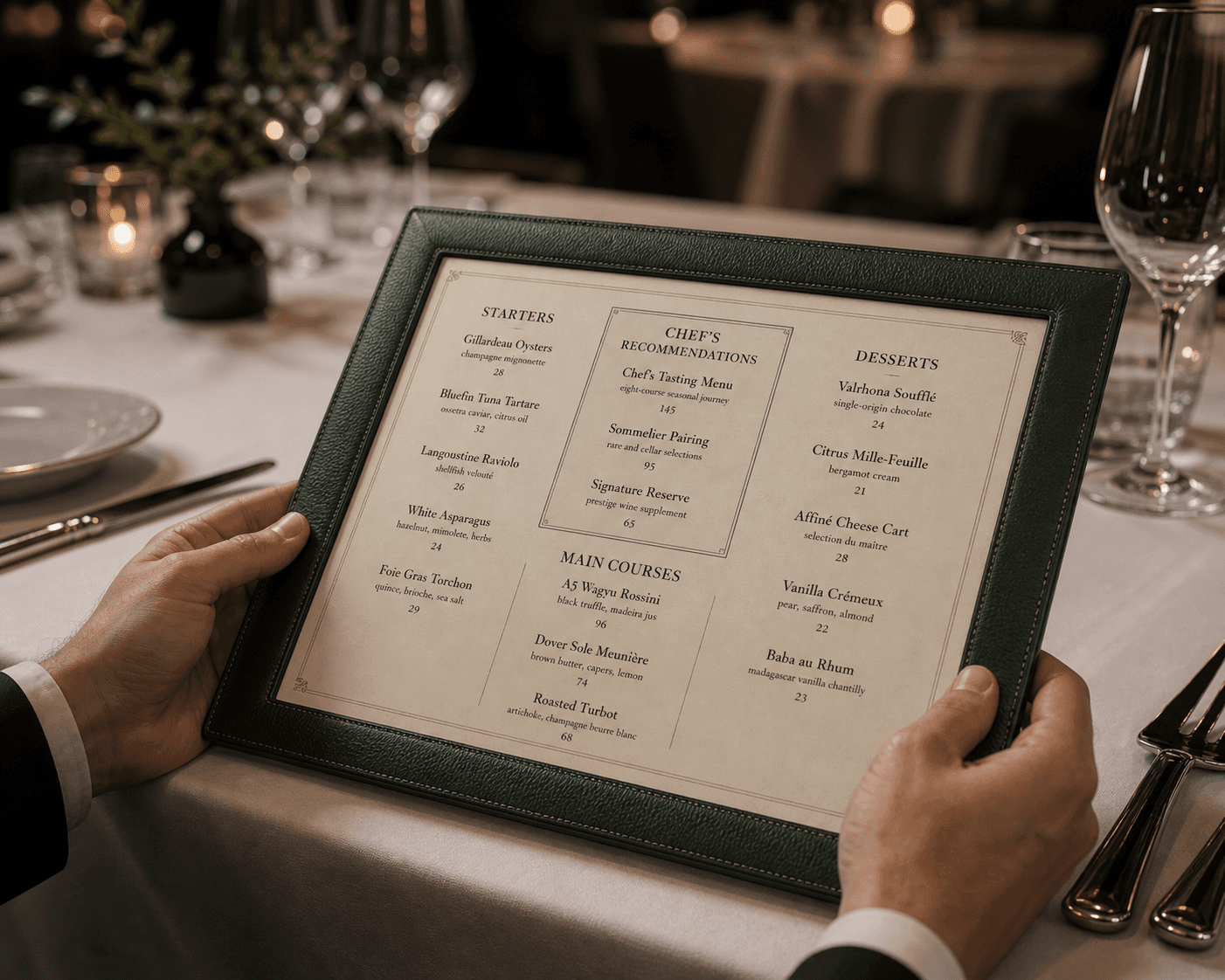 TailorTaste premium digital menu held at a fine dining table